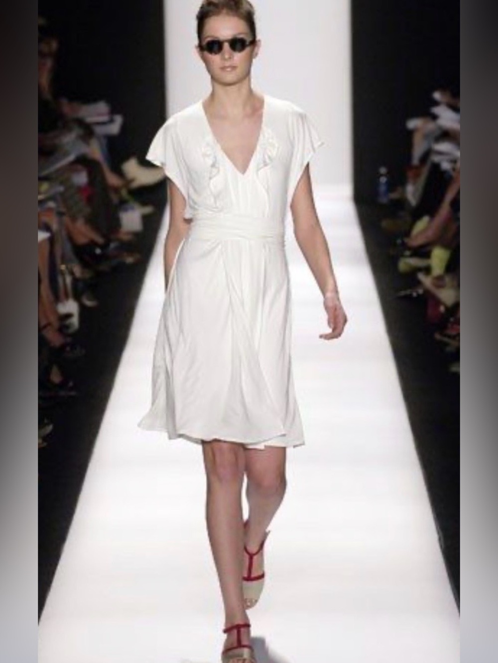 Carolina Herrera Spring 2007 Red Midi Dress with Ruffle V-Neck and Belt